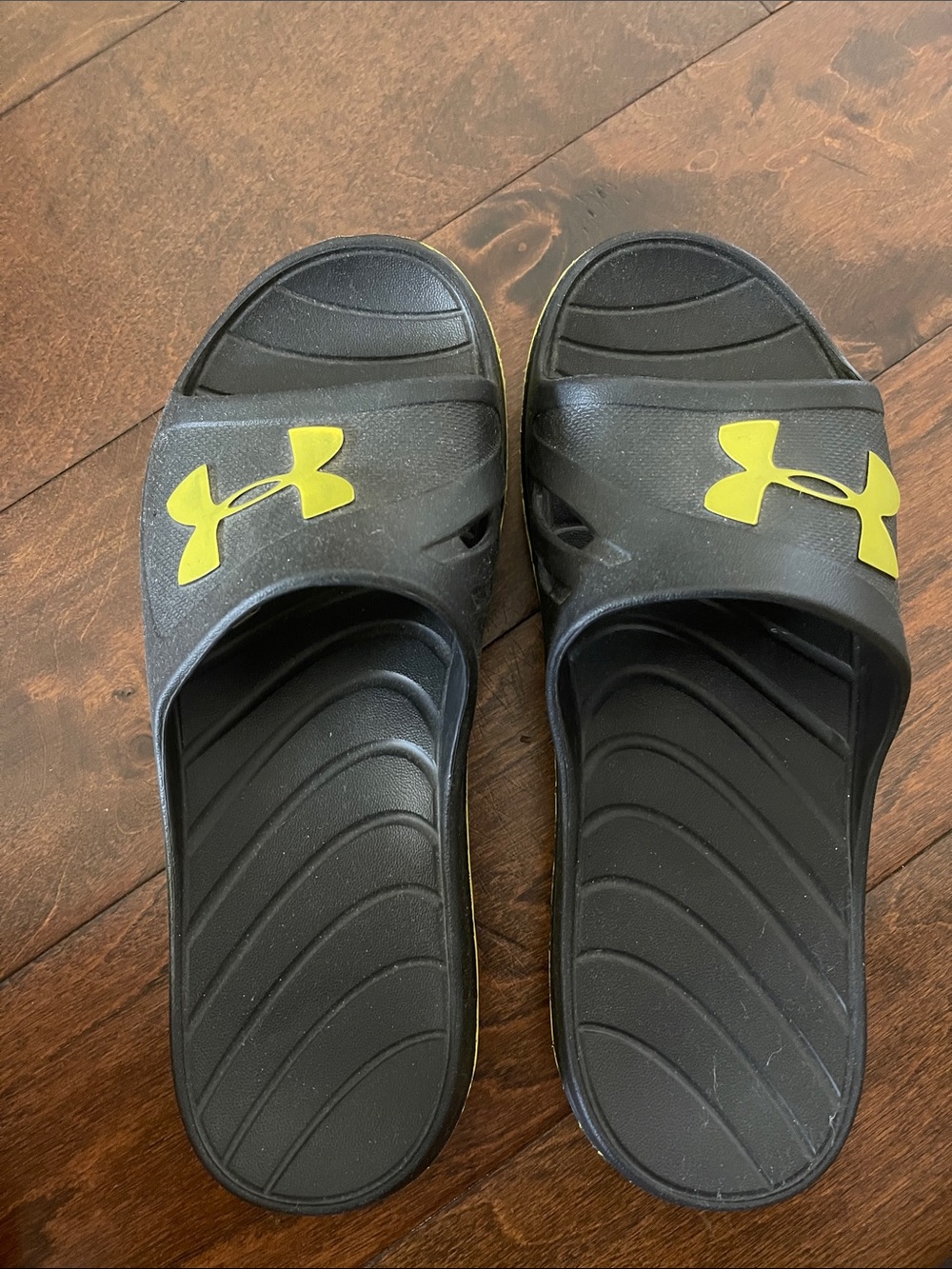 Under Armour Black Slide Sandals with Yellow Logo Accents